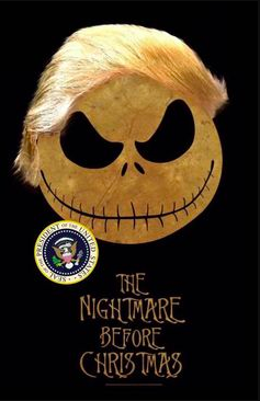 Jack from the movie Nightmare before Christmas, with the movie's name below a round skull with a wide grin topped with a swoop of hair like Trump's with the presidential seal off to the side on a black background